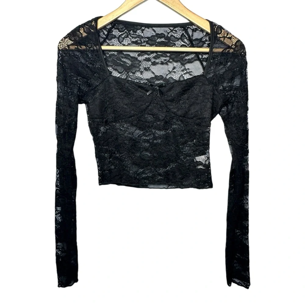 Unbranded Y2K Babydoll Black Lace Sheer Top Dark‎ Coquette Grunge
